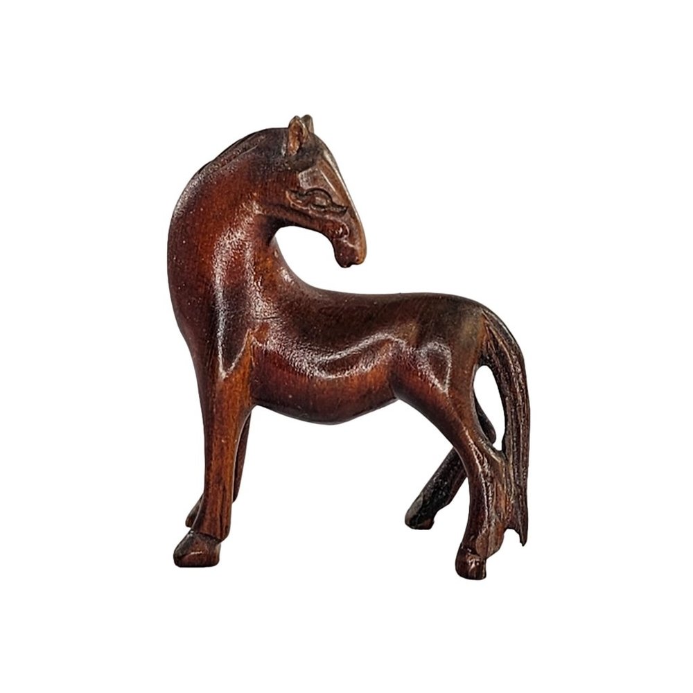 Vintage Wood Carved Horse Looking Back Miniature Figurine Folk Art